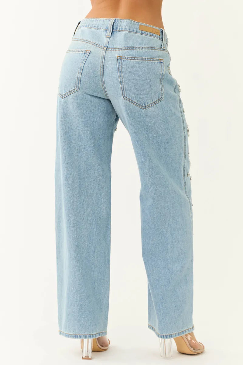 Dazie - Rhinestone Embellished Wide Leg Jeans