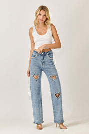 Cupid’s Charm - Rhinestone Embellished Cut Out Jeans - IceBlue