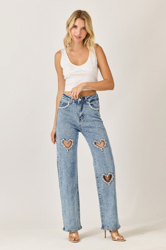 Cupid’s Charm - Rhinestone Embellished Cut Out Jeans - IceBlue