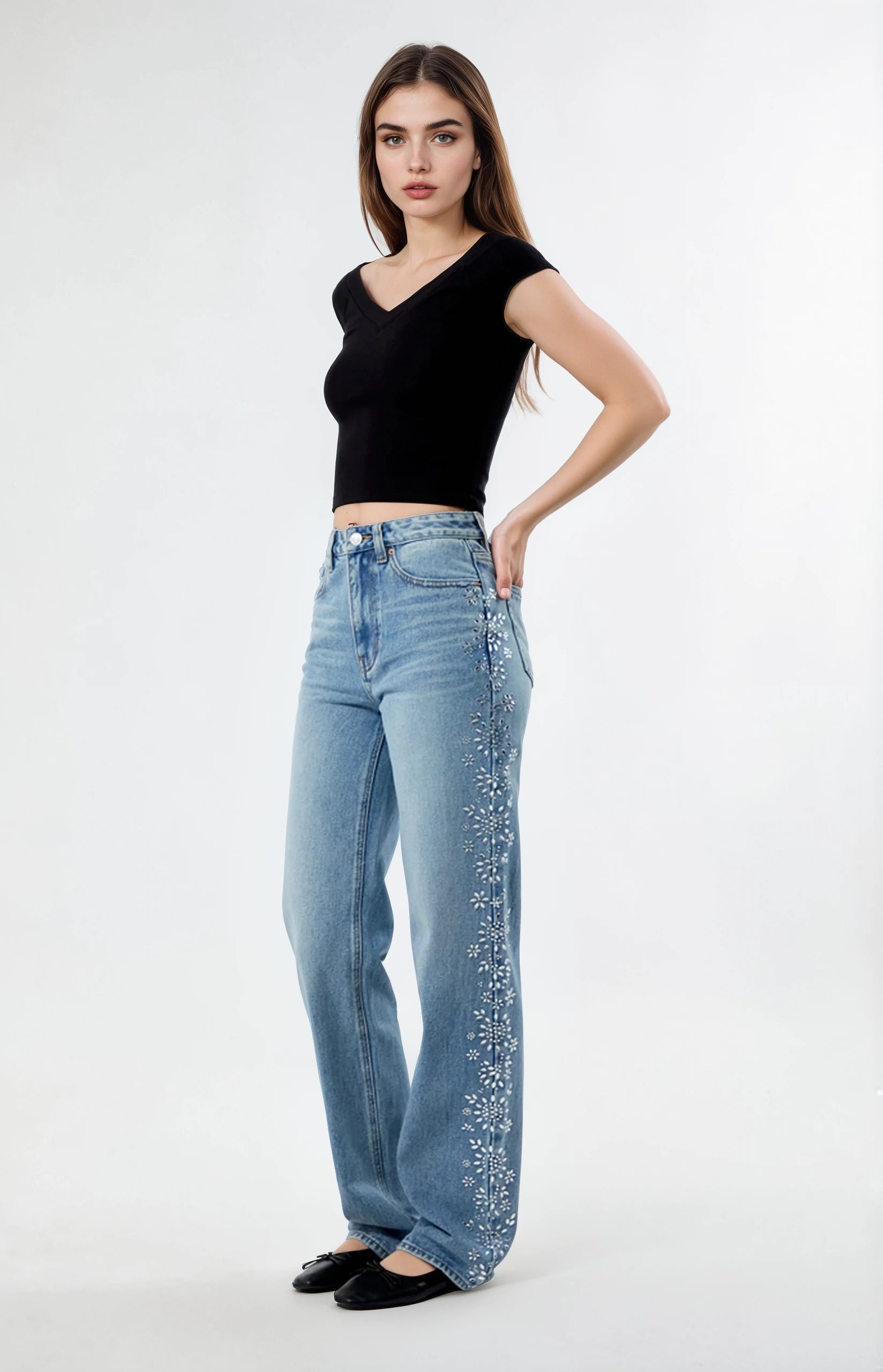 Wildflower Rhinestone Embellished Wide Leg Jeans