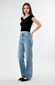 Wildflower Rhinestone Embellished Wide Leg Jeans