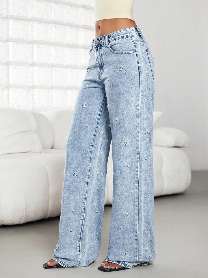 Pearl Eden - Rhinestone Embellished Wide Leg Jeans - Ice Blue