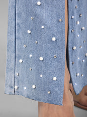 High Rise Embellished Boot Cut Flared Jeans - Iris Pearl