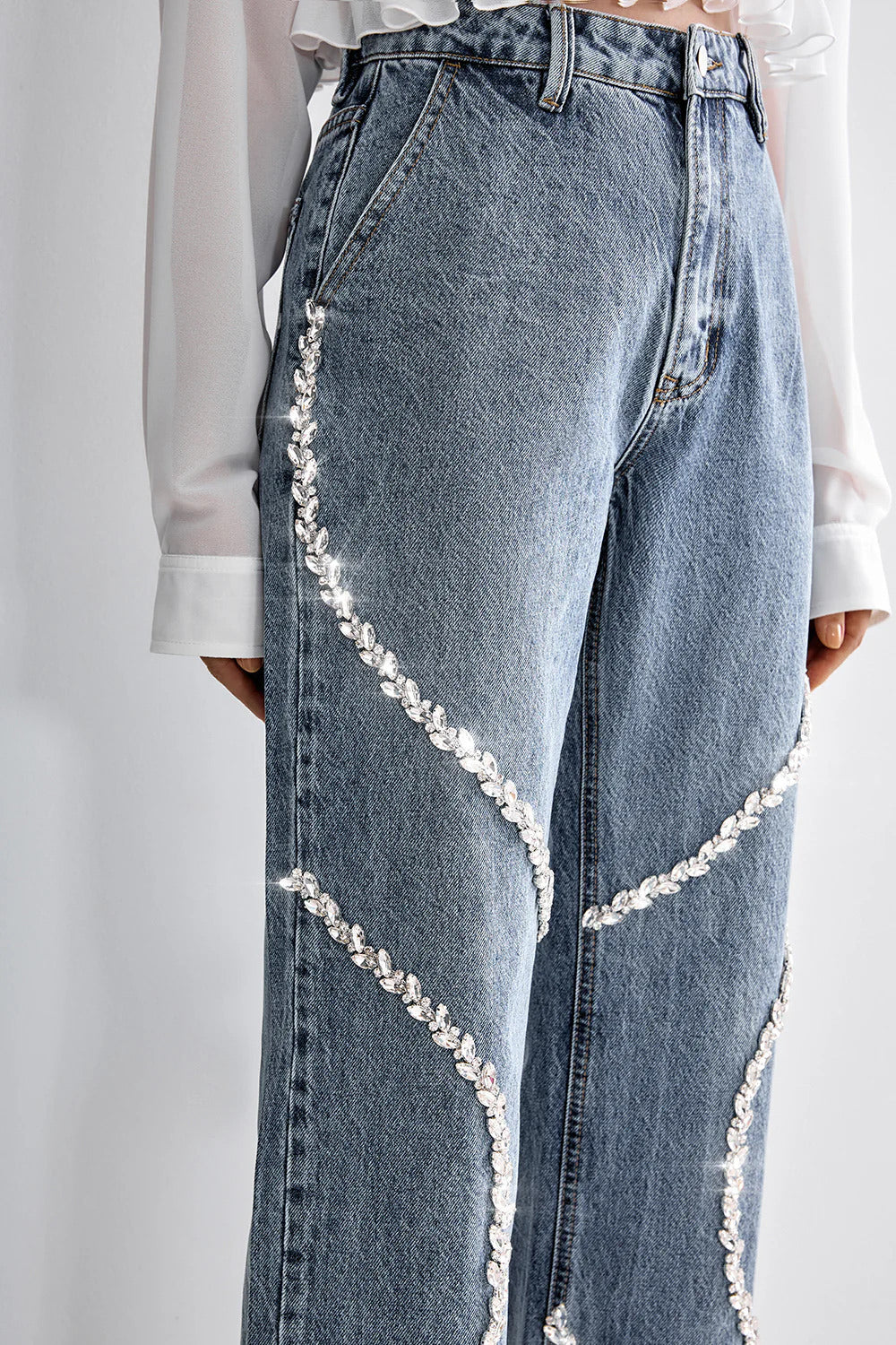 Rhinestone Embellished Wide Leg Jeans - Velora