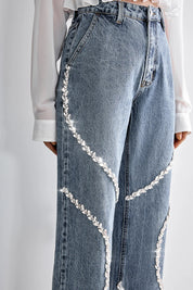 Rhinestone Embellished Wide Leg Jeans - Velora