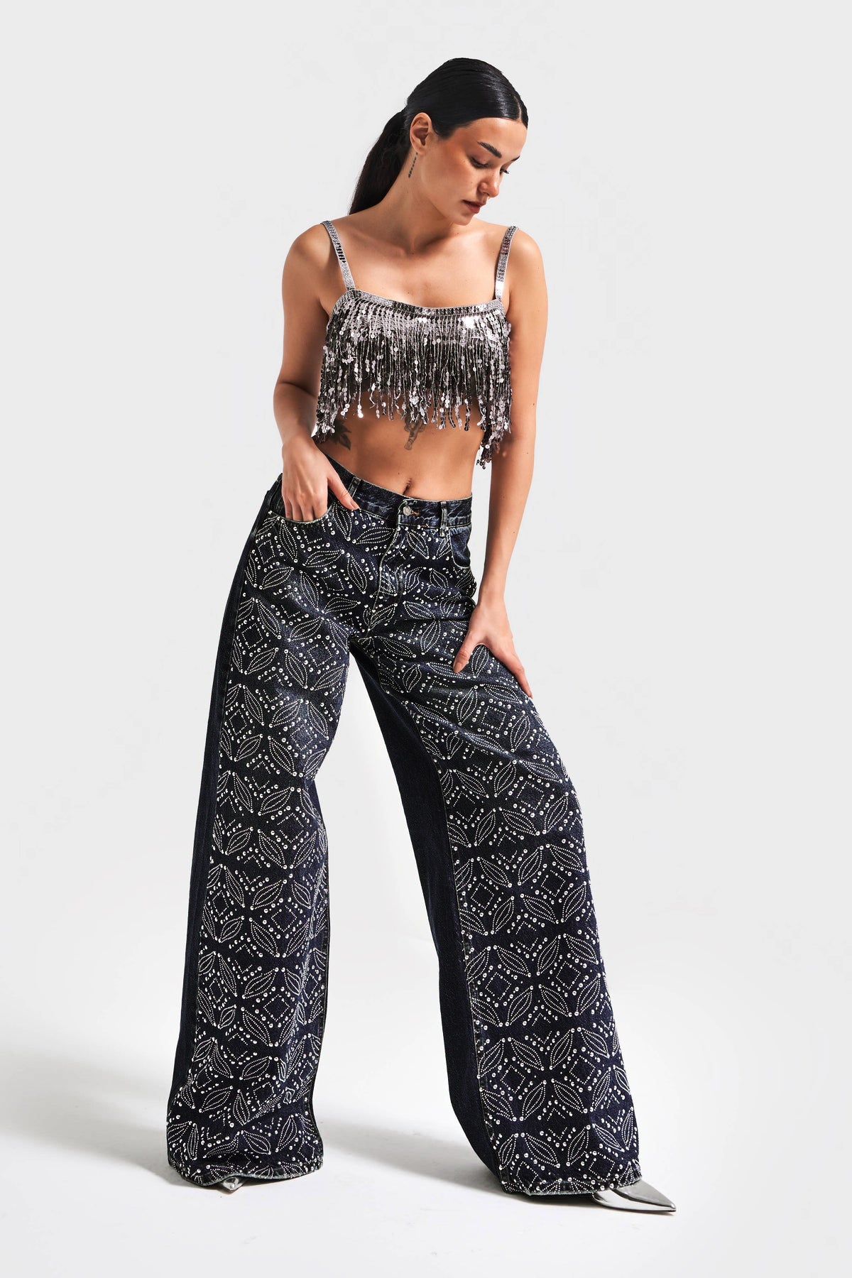 Onyx - Rhinestone Embellished Wide Leg Jeans