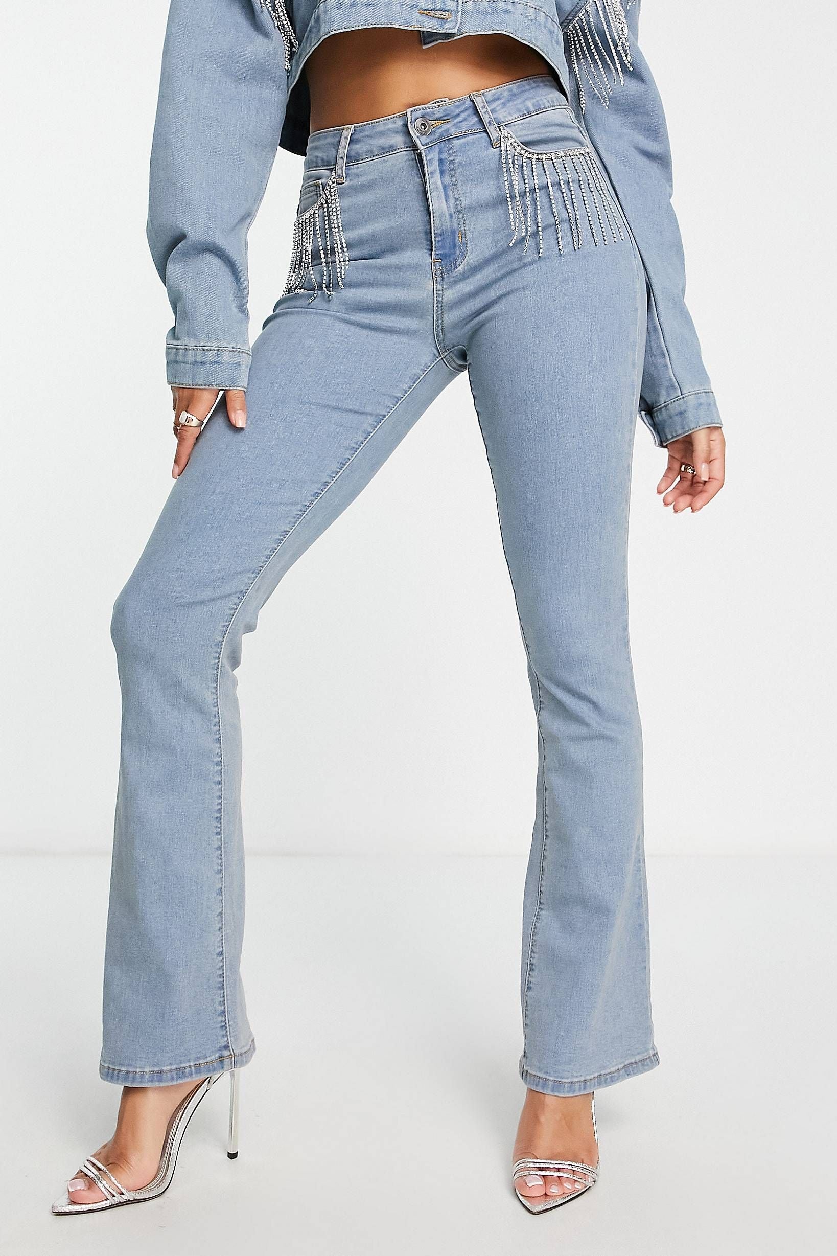 Rhinestone Fringe Boot Cut Flared Jeans Ice Blue