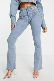 Rhinestone Fringe Boot Cut Flared Jeans Ice Blue