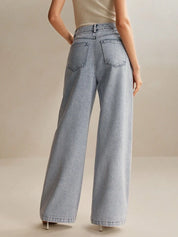 Pearl Noir - Rhinestone Embellished Wide Leg Jeans - Ice Blue