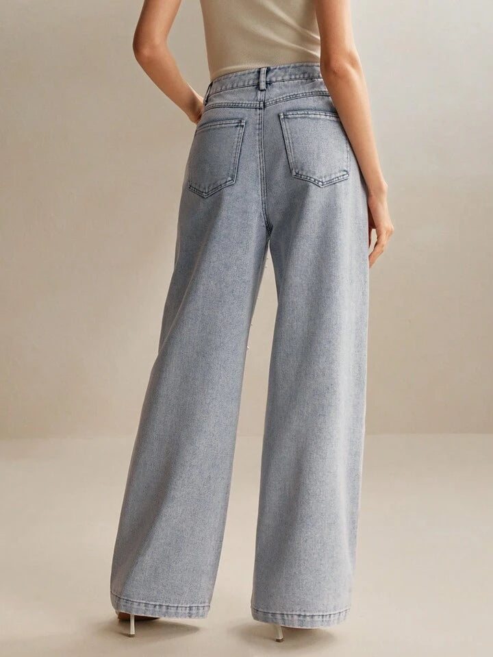 Pearl Noir - Rhinestone Embellished Wide Leg Jeans - Ice Blue