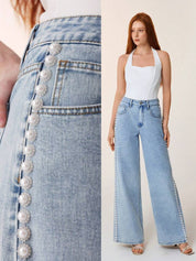 Ivory Bloom - Rhinestone Embellished Wide Leg Jeans - IceBlue