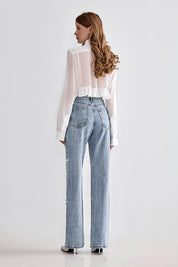 Rhinestone Embellished Wide Leg Jeans - Velora