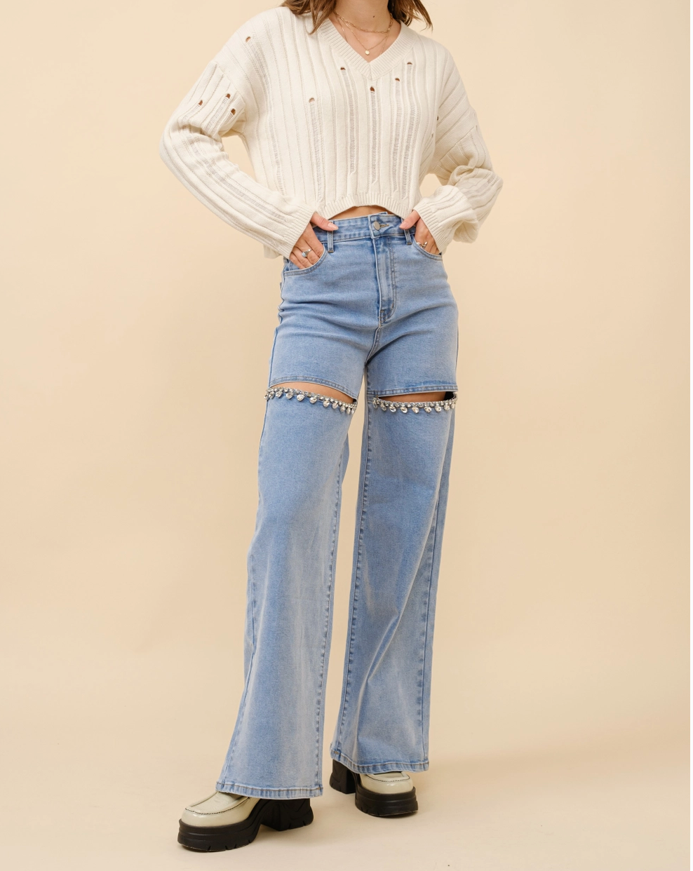 Obsession -  Embellished Wide Leg Cut Out Jeans