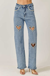 Cupid’s Charm - Rhinestone Embellished Cut Out Jeans - IceBlue