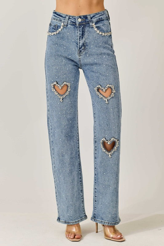 Cupid’s Charm - Rhinestone Embellished Cut Out Jeans - IceBlue
