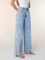Ivory Bloom - Rhinestone Embellished Wide Leg Jeans - IceBlue