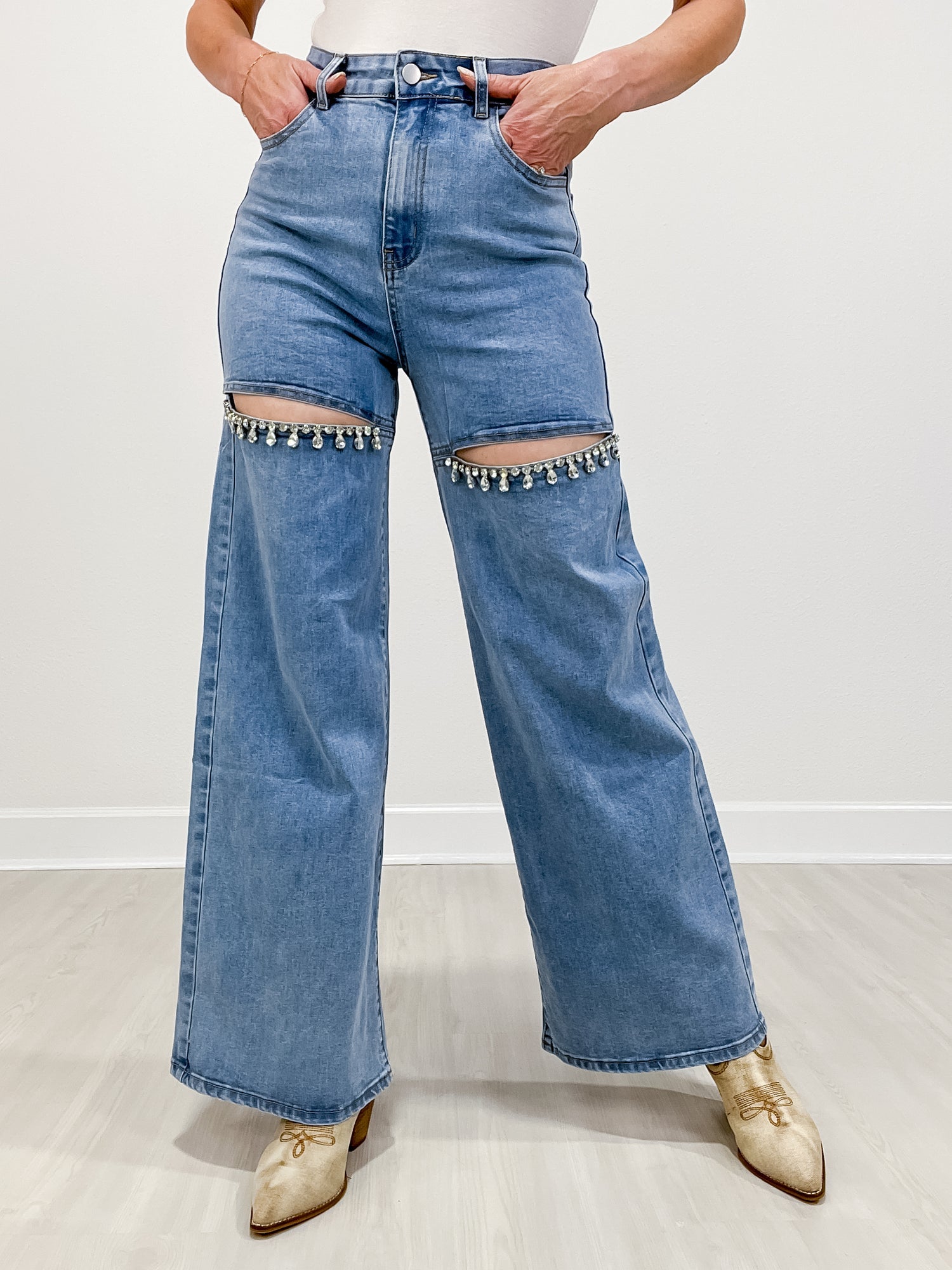 Obsession -  Embellished Wide Leg Cut Out Jeans