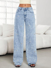 Pearl Eden - Rhinestone Embellished Wide Leg Jeans - Ice Blue