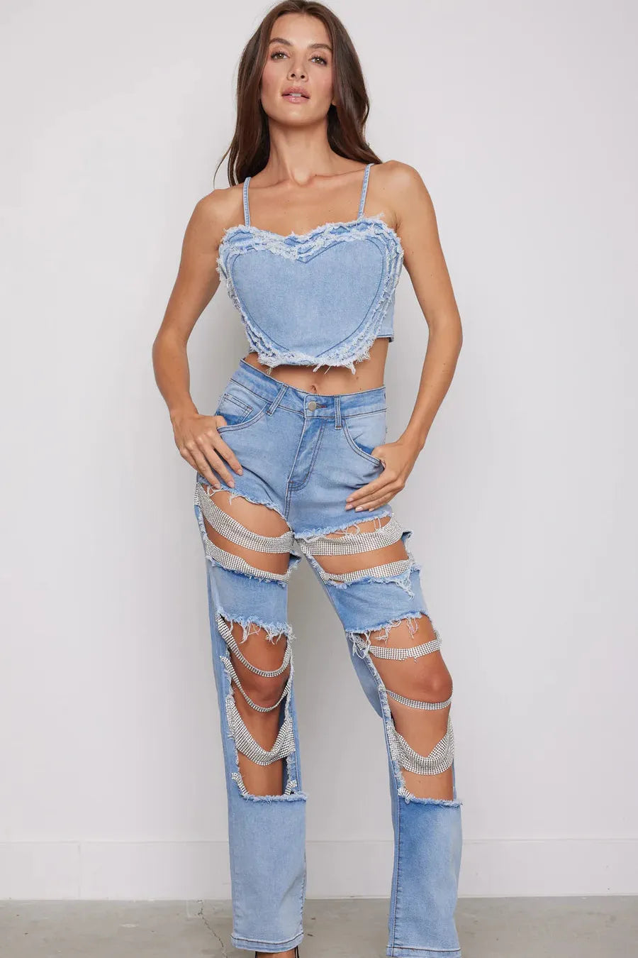 Embellished Wide Leg Cut Out Jeans - Glamour Goddess