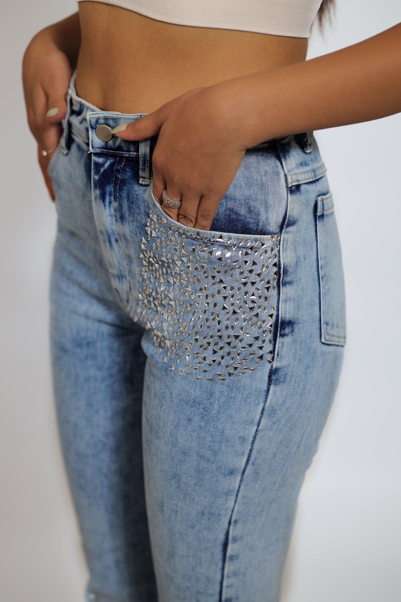 High Rise Embellished Boot Cut Flared Jeans - Fray Bottom