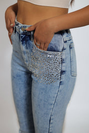 High Rise Embellished Boot Cut Flared Jeans - Fray Bottom
