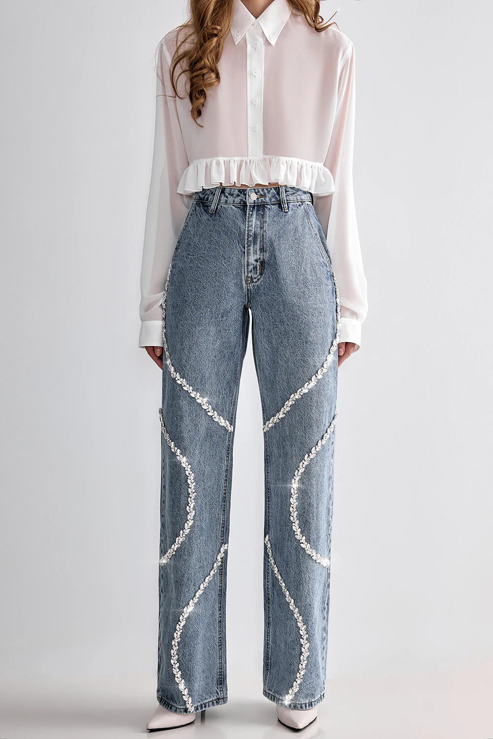 Rhinestone Embellished Wide Leg Jeans - Velora