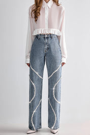 Rhinestone Embellished Wide Leg Jeans - Velora