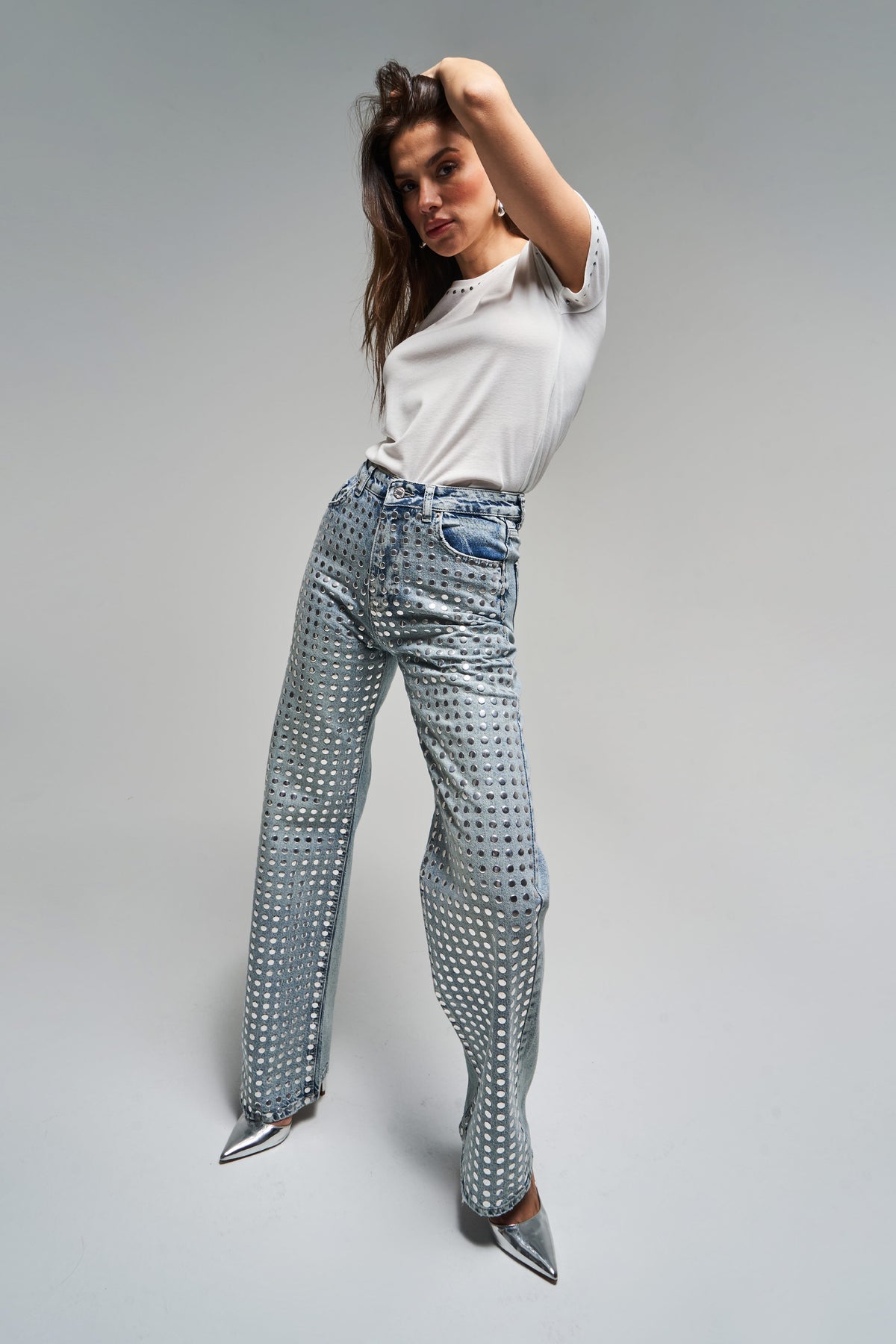 Silver Storm - Studded Wide Leg Jeans