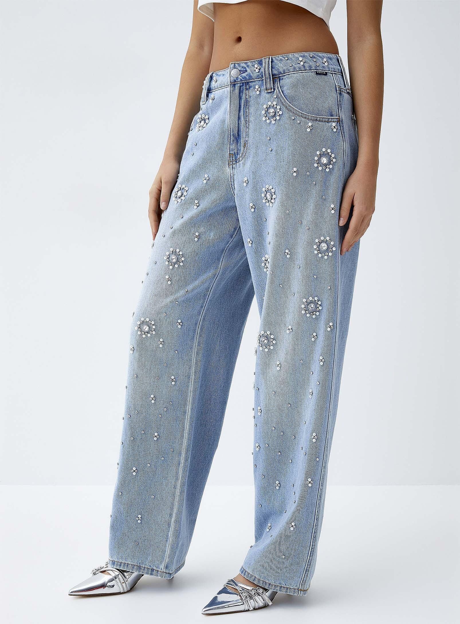 Dazie - Rhinestone Embellished Wide Leg Jeans