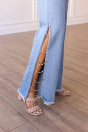 Boot Cut Side Slit Embellished Jeans - Medium Wash