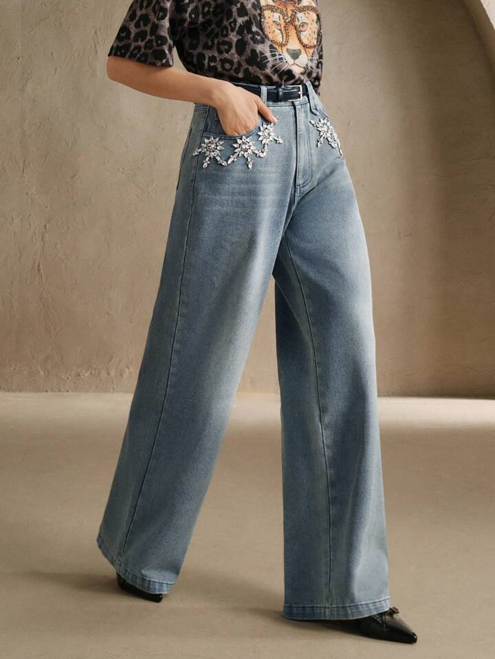 Flower Bliss - Rhinestone Embellished Wide Leg Jeans - Ice Blue