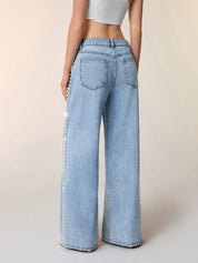 Ivory Bloom - Rhinestone Embellished Wide Leg Jeans - IceBlue