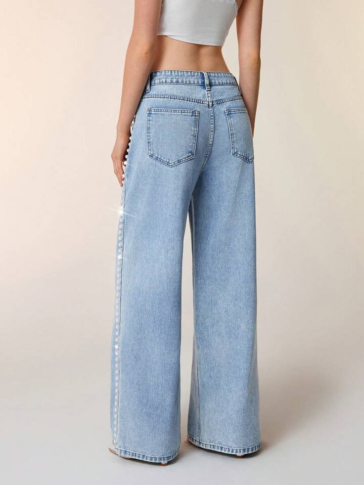 Ivory Bloom - Rhinestone Embellished Wide Leg Jeans - IceBlue