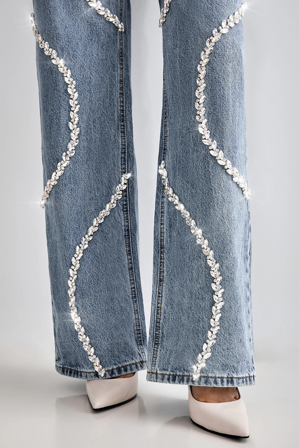 Rhinestone Embellished Wide Leg Jeans - Velora