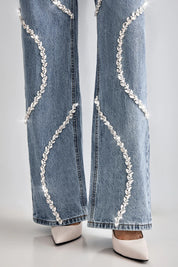 Rhinestone Embellished Wide Leg Jeans - Velora