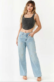 Dazie - Rhinestone Embellished Wide Leg Jeans