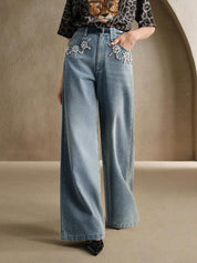 Flower Bliss - Rhinestone Embellished Wide Leg Jeans - Ice Blue