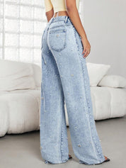 Pearl Eden - Rhinestone Embellished Wide Leg Jeans - Ice Blue