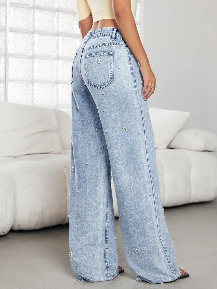 Pearl Eden - Rhinestone Embellished Wide Leg Jeans - Ice Blue