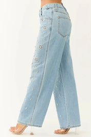 Dazie - Rhinestone Embellished Wide Leg Jeans