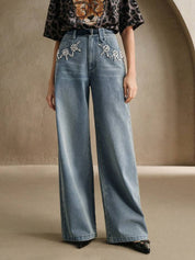 Flower Bliss - Rhinestone Embellished Wide Leg Jeans - Ice Blue