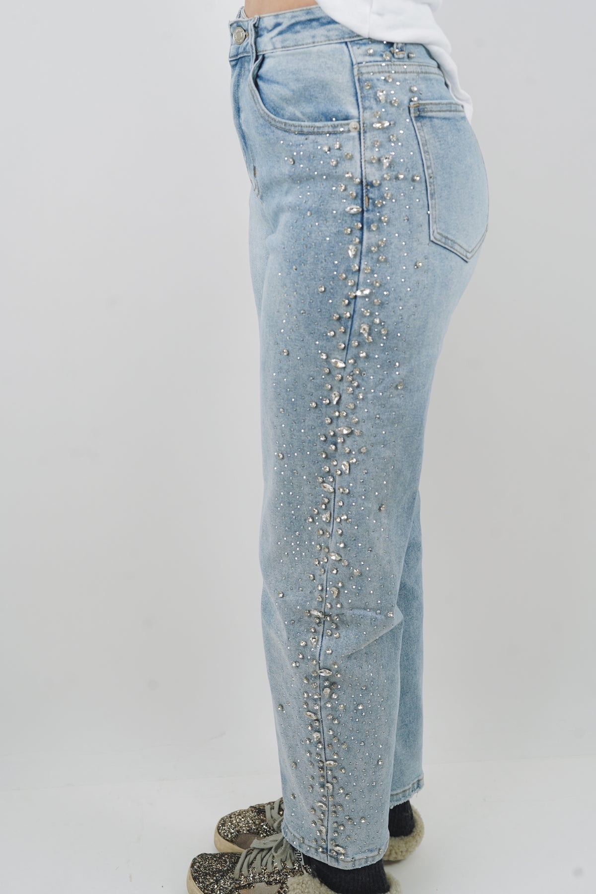 Frosted Flirt - Rhinestone Embellished Wide Leg Jeans
