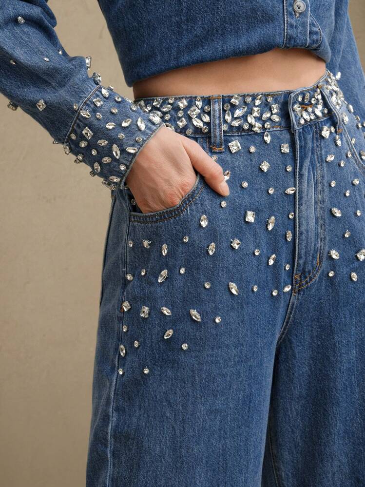 Midnight Dazzle Band - Rhinestone Embellished Wide Leg Jeans