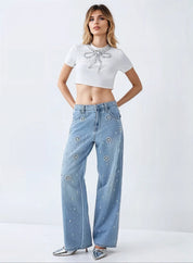 Dazie - Rhinestone Embellished Wide Leg Jeans