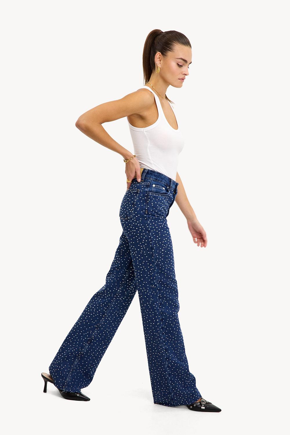 Midnight Blue Diamante Denim High Rise Wide Leg Jeans