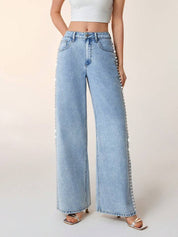 Ivory Bloom - Rhinestone Embellished Wide Leg Jeans - IceBlue