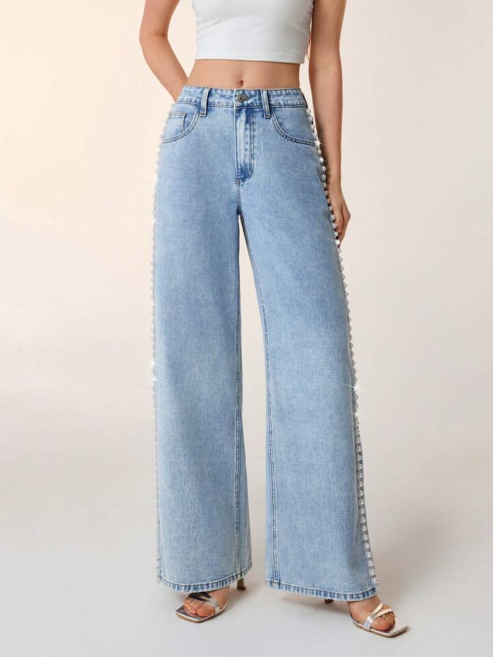 Ivory Bloom - Rhinestone Embellished Wide Leg Jeans - IceBlue