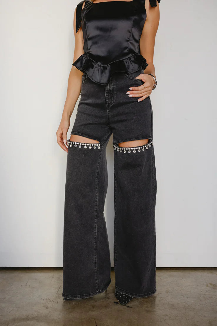 Obsession Noir -  Embellished Wide Leg Cut Out Jeans
