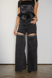 Obsession Noir -  Embellished Wide Leg Cut Out Jeans