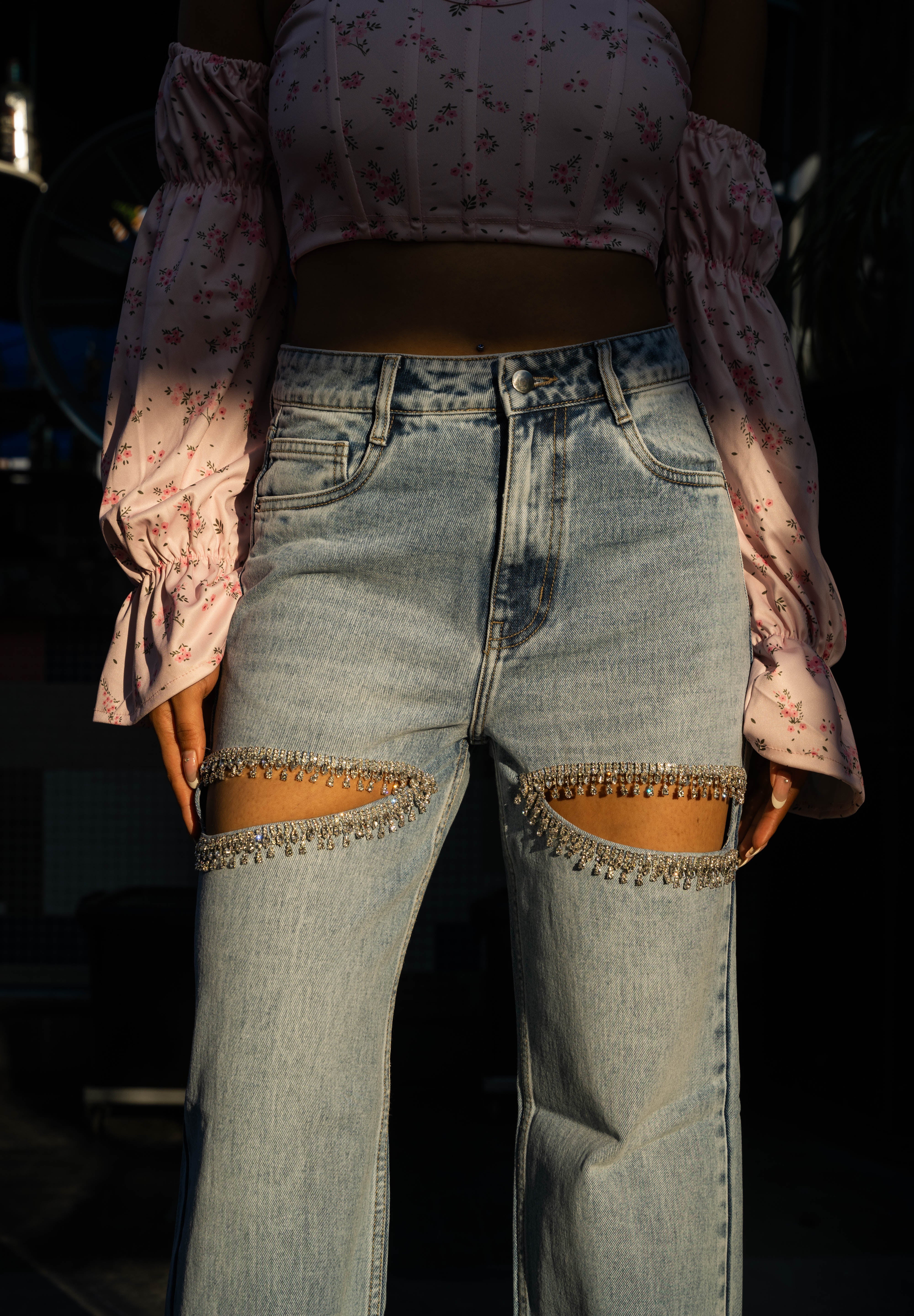 Amelia- Rhinestone Embellished Cut Out Jeans
